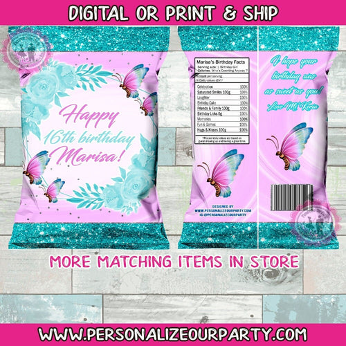 Purple & blue Butterfly chip bags/wrappers-butterfly baby shower-butterfly party favors-candy bags-digital or print-butterfly party supplies