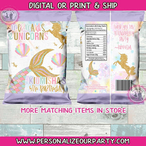 mermaids & unicorns chip bags/wrappers-digital-print-mermaid party-mermaid party favors-first birthday party favors-unicorn party-treat bags