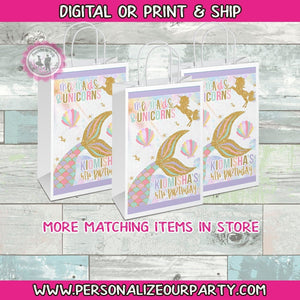 mermaids & unicorns party bags/labels-mermaid party bags-digital-print-mermaid gift bags-unicorn party bags-unicorn birthday-treat bag favor