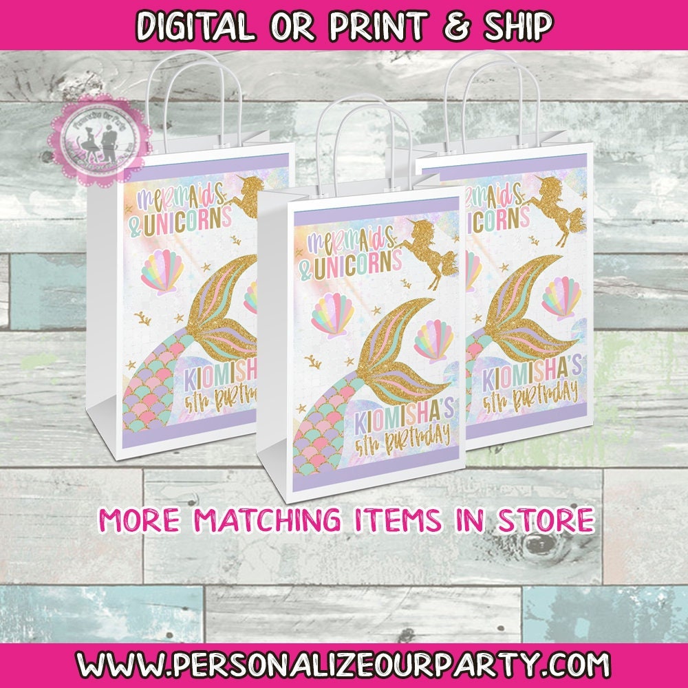 mermaids & unicorns party bags/labels-mermaid party bags-digital-print-mermaid gift bags-unicorn party bags-unicorn birthday-treat bag favor