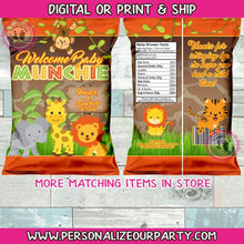 Load image into Gallery viewer, jungle baby shower chip bags/wrappers-safari baby shower-jungle party favors-jungle birthday-digital-print-jungle party-safari animals party