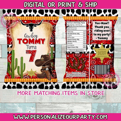 Cowboy chip bag/wrappers-digital-print-western party favors-cow boy party favors-western chip bags-cowboy birthday-western party-cowboy