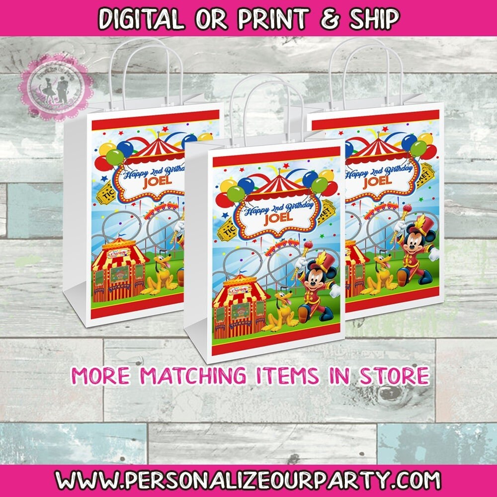 Mickey mouse carnival party bags/labels-Mickey mouse party favor bags-Mickey circus party-digital-print-1st birthday-mickey mouse treat bags
