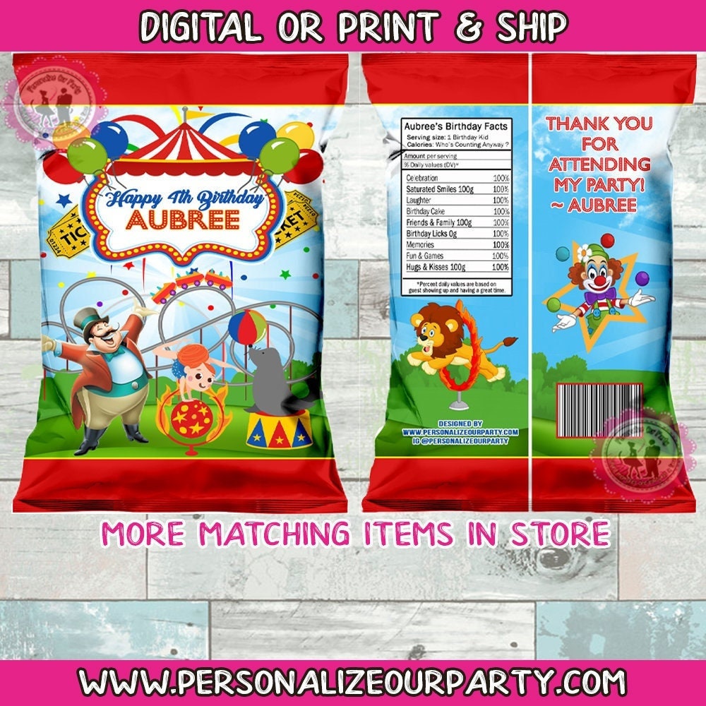 circus chip bags/wrapper-circus party favors-circus birthday-big top circus-digital-print-carnival chip bags-carnival party favors-snack bag