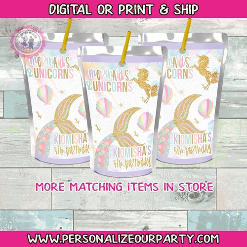 mermaid & unicorn capri sun labels-mermaid juice pouch-unicorn party favors-mermaid birthday party-first birthday-mermaid treats-unicorn bag