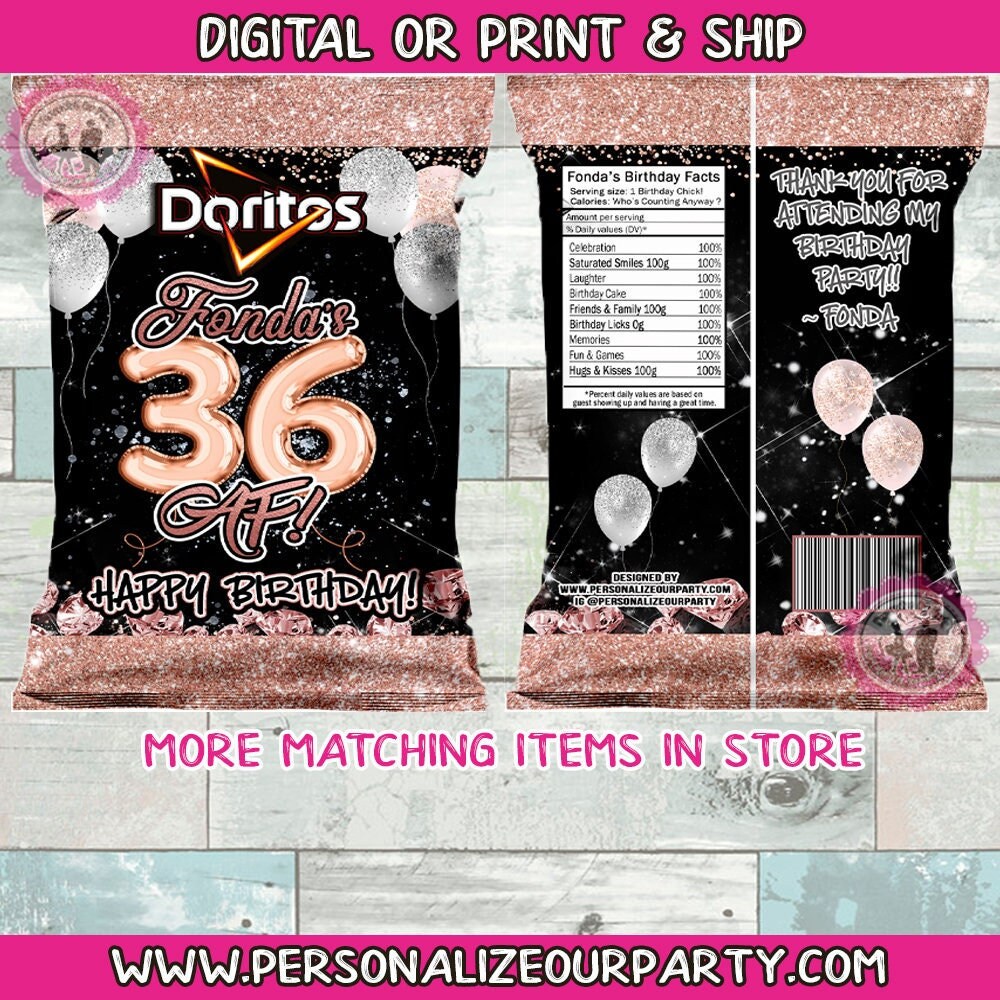 36 AF chip bag wrappers/chip bags-36AF party favors-rose gold and black chip bags-36th birthday-party bag-rose gold party favors-black party