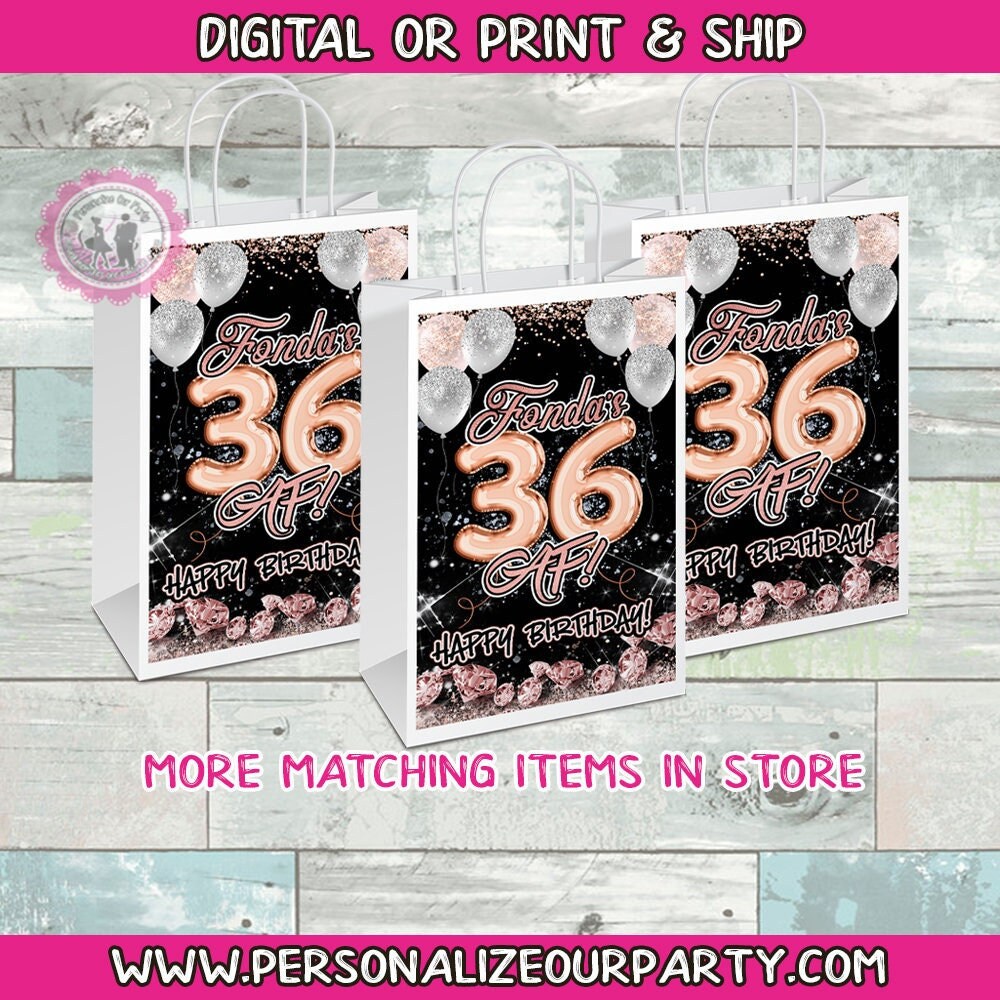 Rose gold & Black 36 af party gift bags/labels-digital-print-gift bags-treat bags-36th birthday-party bags-rose gold favors-hello 36-bags