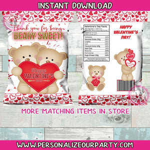 Beary sweet valentine's day chip bag/wrappers-beary sweet valentine party favors- bear chip bags-digital party favors-valentine's day-heart