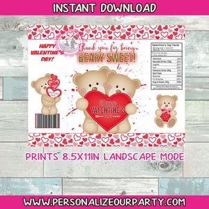 Beary sweet valentine's day chip bag/wrappers-beary sweet valentine party favors- bear chip bags-digital party favors-valentine's day-heart