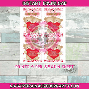 Beary sweet valentines capri sun instant download-valentines party-juice pouches-bear party favors-juice pouch stickers-valentines day bear