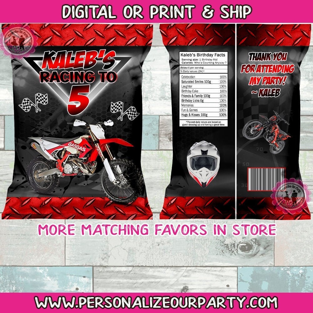 Motocross sports chip bags/wrappers-digital-print-motocross party favors-dirt bike party favors-dirt bike birthday-sports party favors
