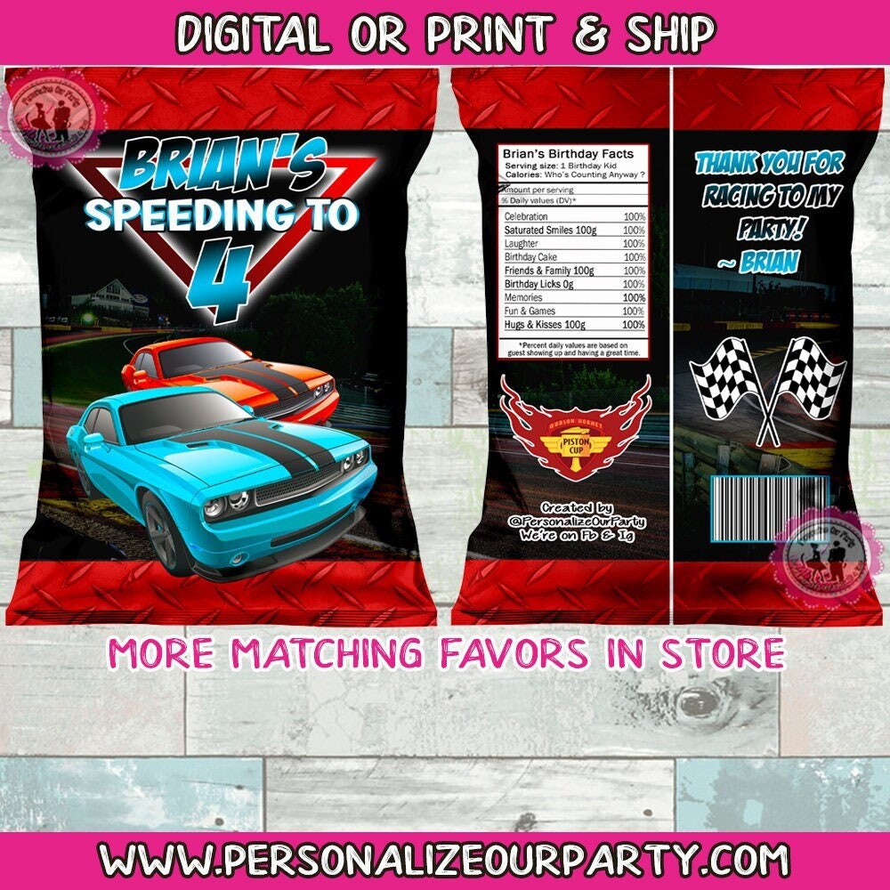 Race car chip bags/wrappers- race cars party favors-race cars chip bags-custom party favors-digital party favors-printed-cars party-racing