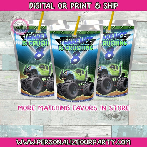 Monster truck capri sun juice labels-monster truck party favors-digital or print-monster truck birthday-monster truck treat table favors