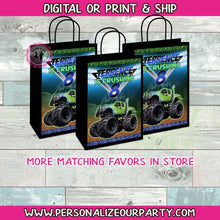 Load image into Gallery viewer, monster truck gift bag/labels-monster truck birthday party favors-monster truck party bags-monster truck treat bags-digital-print-monster