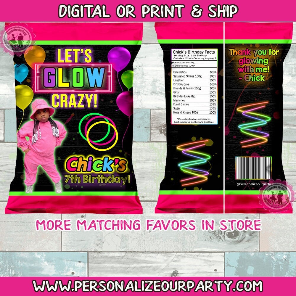 Let's Glow crazy party chip bag/wrappers-glow party favors-glow