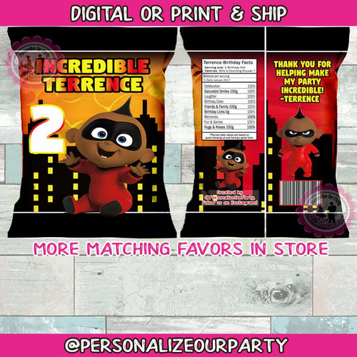 African american jack jack incredibles 2 chip bag/wrappers-1 digital file or 1 dz printed