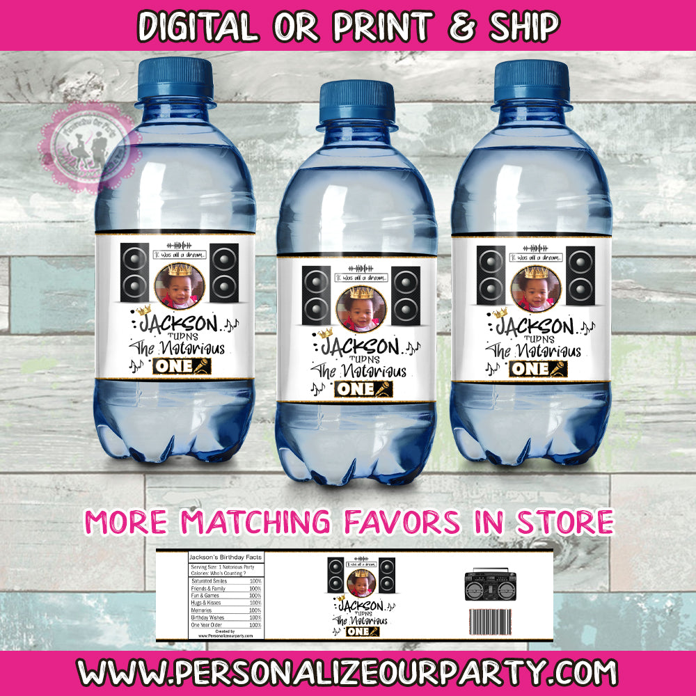 The notorious one water bottle wrappers with your custom photo