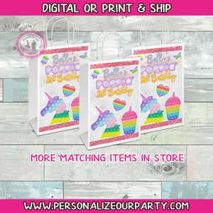 Pop it party bags/ party bag labels- 1 digital file or 1 dozen printed wrappers or 1 dozen bags with labels applied