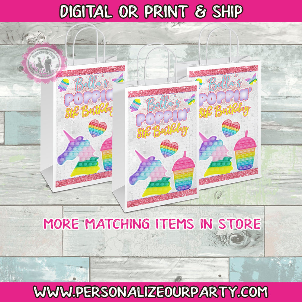 Pop it party bags/ party bag labels- 1 digital file or 1 dozen printed wrappers or 1 dozen bags with labels applied