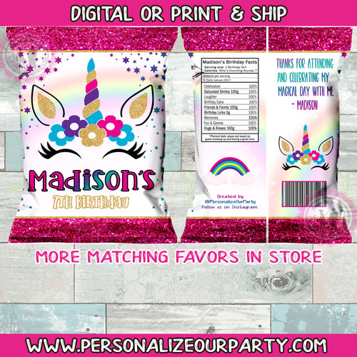Rainbow Unicorn birthday party chip bags / chip bag wrappers-1 digital file or 1 dozen printed
