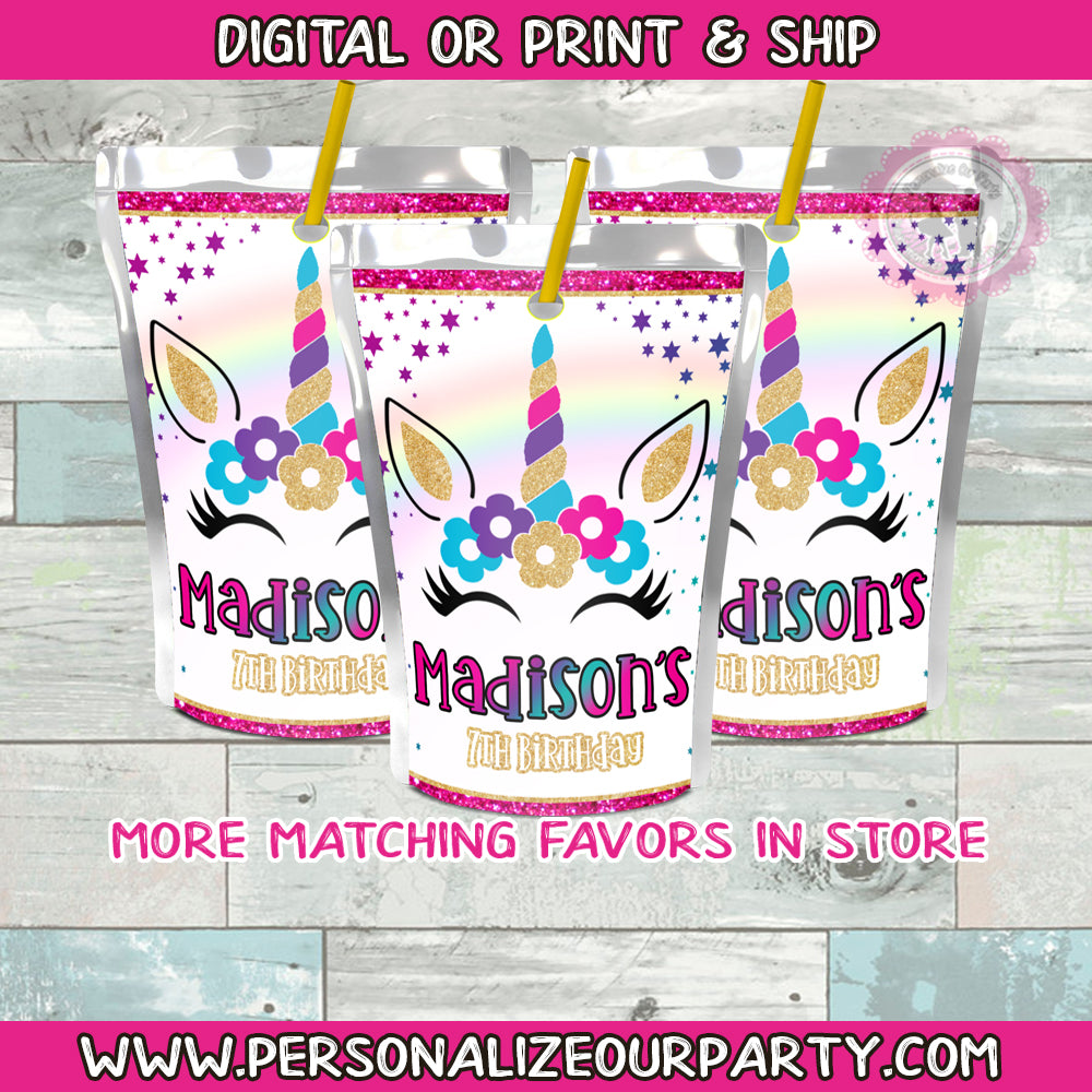 Rainbow Unicorn juice pouch labels-1 digital file or 1 dozen printed labels-fits capri sun juice pouches & kool aid jammers
