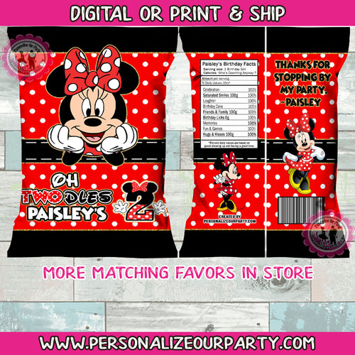 Oh twodles Red Minnie mouse chip bags / chip bag wrappers-1 digital file or 1 dozen printed wrappers
