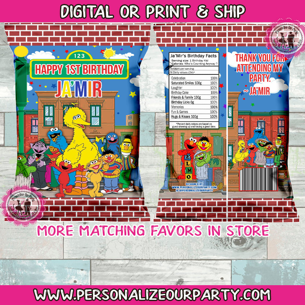 Sesame street chip bag wrappers-digital-printed-elmo party favors-elmo party-first birthday-treat bag favors-personalized party favors