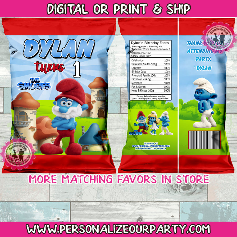The Smurfs chip bag wrappers-digital or printed diy party favors