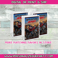 Load image into Gallery viewer, Black Spider man party bag labels- 1 digital file or 1 dozen printed labels