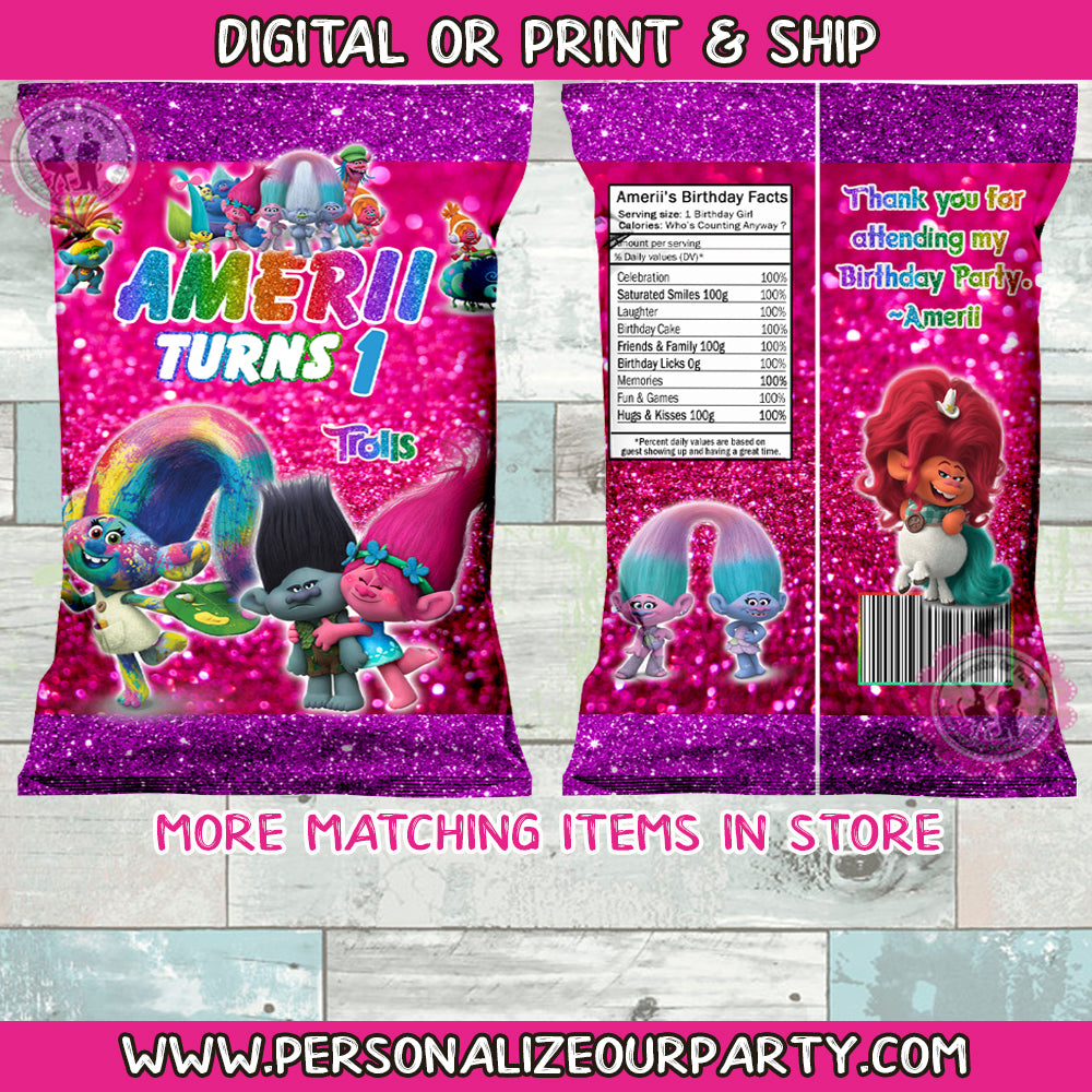 Trolls chip bags/ chip bag wrappers- 1 digital file or 1 dozen printed wrappers