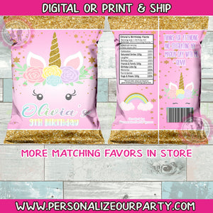 Unicorn birthday party chip bags / chip bag wrappers-1 digital file or 1 dozen printed