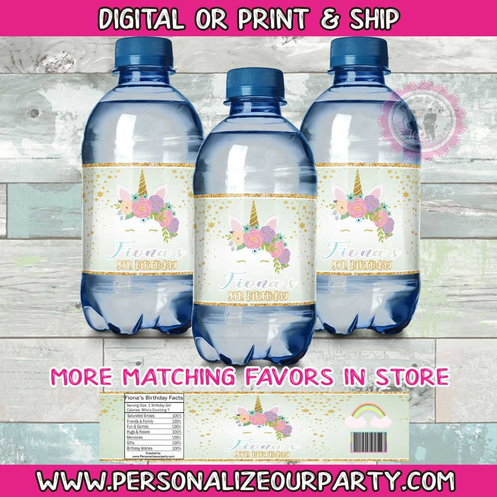 Unicorn water bottle labels-1 digital file or 1 dozen printed