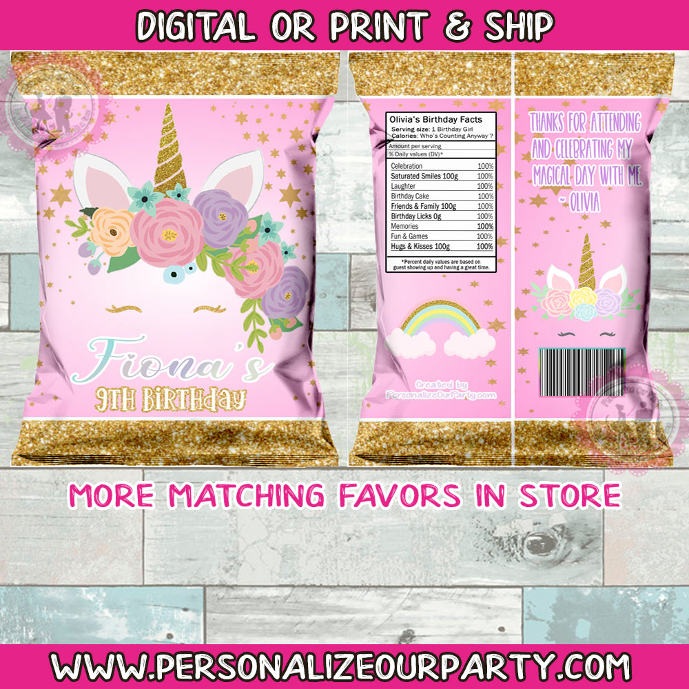 Unicorn birthday party chip bags / chip bag wrappers-1 digital file or 1 dozen printed
